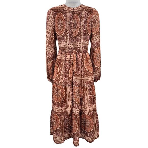 Bohme Kinsley Printed Smocked Tiered Long Sleeve Boho Midi Dress Women's Small - Picture 3 of 16